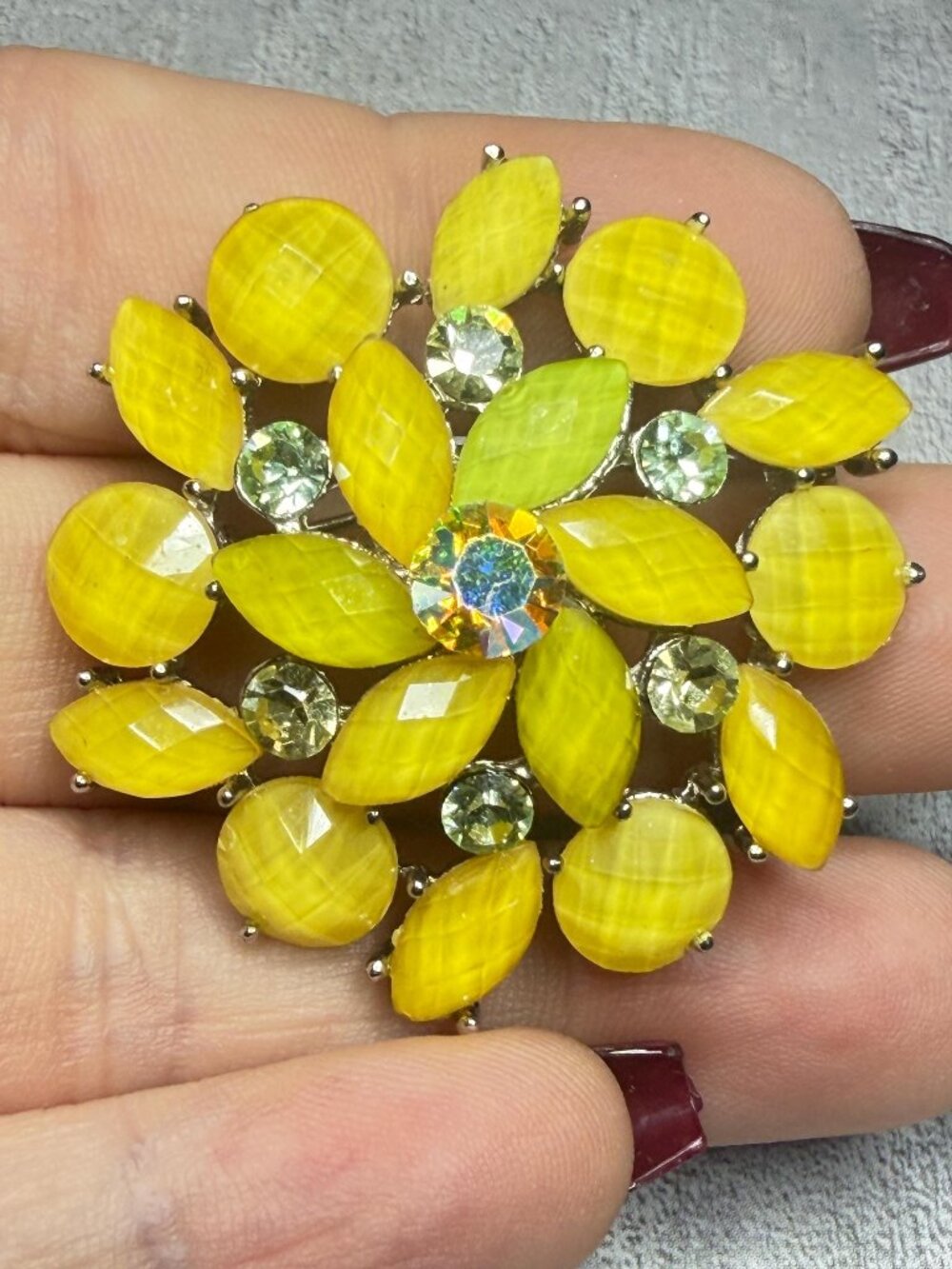 Yellow Rhinestone Flower Brooch AB Crystal Floral